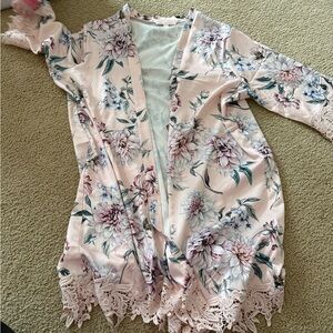Floral Lace Trim Robe - Pink